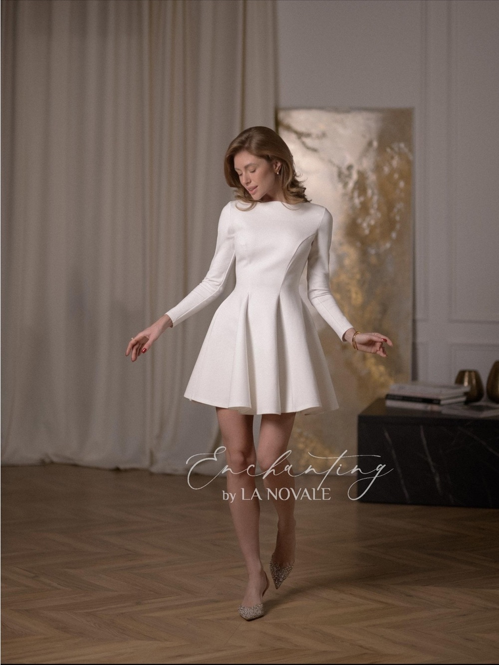 La Novale White Long-Sleeve Fit & Flare Dress